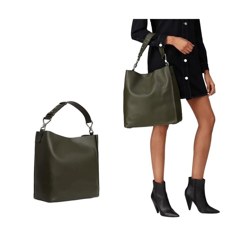 AllSaints Captain Leather North South Tote Bag in Green Leather Womens S…